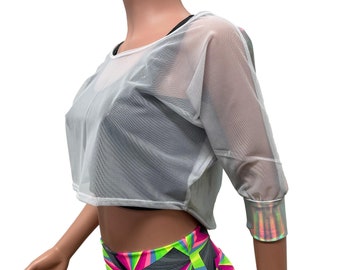 Dolman Crop Top in Opal Holographic and White Mesh | Loose Tee Rave Top Festival Clothing
