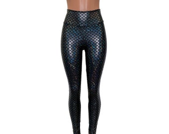 Mermaid Leggings - Black Holographic High Waist Pants | Mermaid Costume - Rave Clothing - High Waist Mermaid Leggings