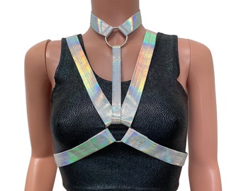 May include: A silver iridescent harness with two O-rings and a choker. The harness is worn over a black crop top.