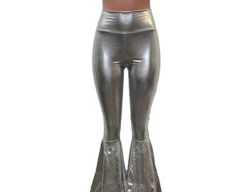 Silver Metallic Bell Bottom Pants High-Waisted - Rave, Festival, EDM, 80s Clothing