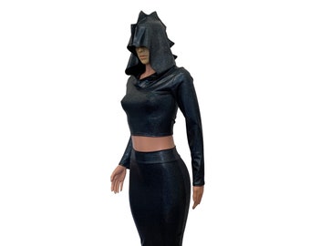 Dragon Costume - Black Holographic Hoodie & Skirt | Festival Fashion, Halloween Idea, Dragon Cosplay