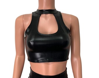 Black Metallic "Wet Look" Faux Leather High Neck Cutout Top - Bodycon Clubwear, Rave Wear, Crop Top