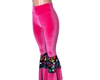 Bell Bottom Pants - Tiered Flares - *Hot Pink Velvet w/ Polka Dot Electric Daisy* Choose your Rise - Rave Pants, Festival Clothing