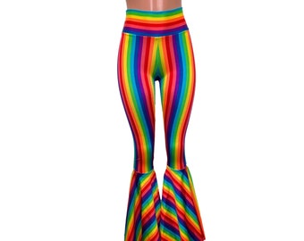 High Waist Bell Bottoms -Rainbow Stripe Flare Pants, LGBTQ Pride Rave  Clothing, Festival Pants, 60s Costume