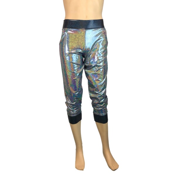 Joggers métallisés Mystique holographique argenté/noir pour hommes avec poches - Pantalon de jogging - Rave, Festival, EDM, athlétique