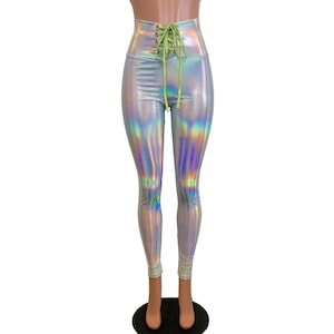 Lace-Up High Waist Leggings - Opal Holographic Iridescent | Rave Clothing, Festival Outfit, EDM Pants