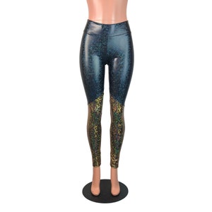 Black & Gold Shattered Glass Holographic *Mid-Rise* Leggings Pants - Rave, Festival, EDM, 80s Clothing