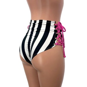 Scrunch Lace-Up Bikini - High Waist *Black & White Stripe* Ruched Brazilian Bikini Bottom - Rave Clothing, Festival Clothes