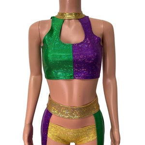 Mardi Gras Holographic High Neck Cutout Top - Festival, Parade, Dance Clothing