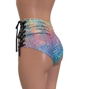 Scrunch Lace-Up Bikini - High Waist *Rainbow Avatar* Ruched Shorts - Brazilian Bikini Bottom - Rave Clothing, Festival Clothes