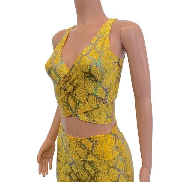 Crop Wrap Top - Yellow Snakeskin Holographic | Choose Sleeve Length - Rave Clothing - Cropped Top - Tie Top