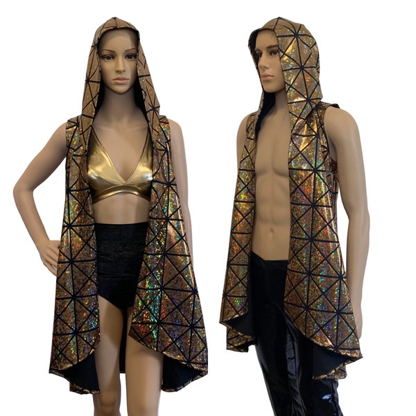 Unisex Hooded Sleeveless Rave Kimono Robe - *Gold Glass Pane Holographic* - Festival Duster - Burning Man Outfit - EDC CLothing