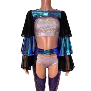 Ruffle Sleeve Bolero Top - Oil Slick and Black Mesh | Rave Festival Top