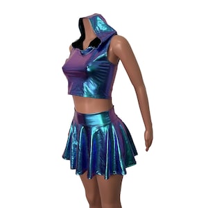 Rave-outfit - Holografische hoog getailleerde skaterrok Oil en mouwloze cropped hoodie - Oil Slick Metallic
