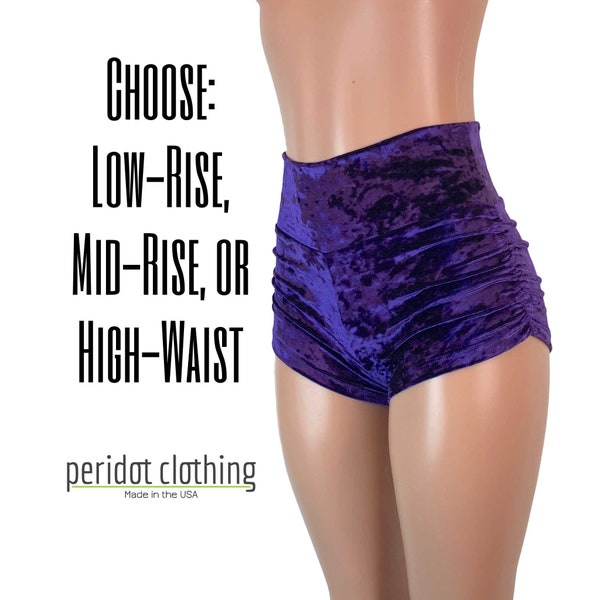 Purple Crushed Velvet Booty Shorts - Rave Shorts - Scrunch Booty Shorts - CHOOSE your RISE - Roller Derby, Festival, Rave Clothing