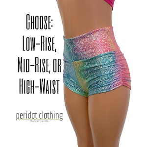 Geraffte High Waist Shorts - Regenbogen Avatar Holographische Booty Shorts - CHOOSE your RISE - Roller Derby, Pole Dance Shorts, Rave Clothing