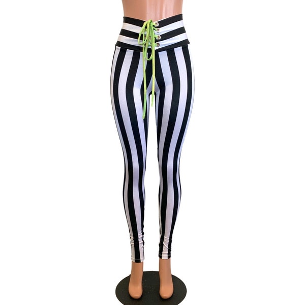 Lace-Up High Waist Leggings - Black & White Striped | Rave Clothing, Festival Outfit, EDM Pants