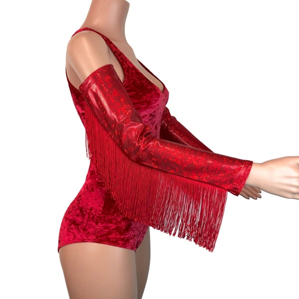 Holographic Fringe Red Shattered Glass Arm Sleeves, Rave Arm Warmers, Burning Man Festival