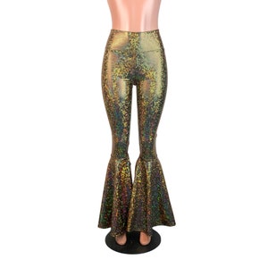 High Waist Bell Bottoms - *Gold on Black Shattered Glass* Holographic Pants - Rave Pants, Festival Clothing, EDM Outfit, 70s Costume