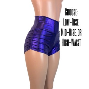 Ruched High Waist Shorts - Purple Mystique Metallic Booty Shorts - CHOOSE your RISE - Roller Derby, Pole Dance Shorts, Rave Clothing