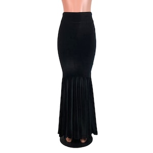 Black Velvet Mermaid Skirt - Long Fit and Flare Skirt - High Waisted Maxi Skirt - Morticia Floor Length