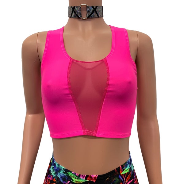 Mesh Inset Crop Tank Top - *Neon Pink Spandex* - Rave Clothing, Festival Clothes, Performance Clothing