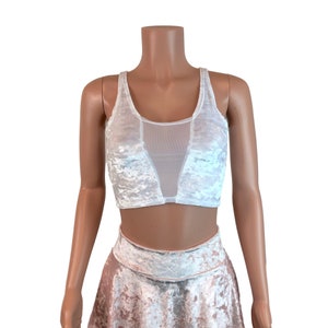 White Crushed Velvet Mesh Inset Crop Top Tank - Rave Clothing, Festival Clothes