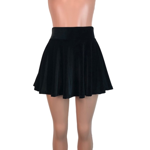 Black Velvet Skater Skirt - High Waist - Velvet Mini Skirt - Festival Clothing - Boho Skirt