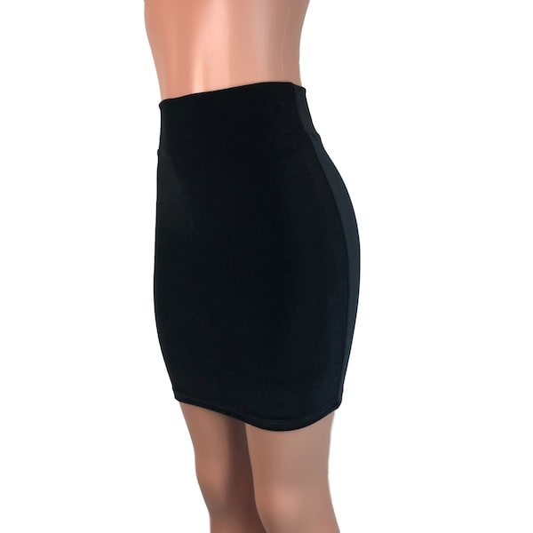 Black Velvet High Waisted Pencil Mini Skirt - Bodycon Skirt