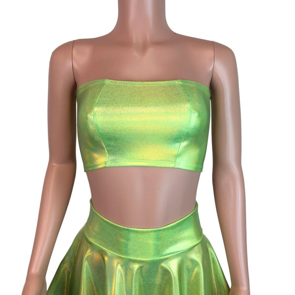 Lime Green Mystique Holographic Tube Top - bodycon Clubwear, Rave Wear, Festival Clothing