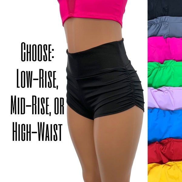 Ruched High Waist Booty Shorts - Athletic Pole Shorts - CHOOSE your RISE and COLOR - Bikini Bottoms, Roller Derby, Pole Dance Spandex Shorts