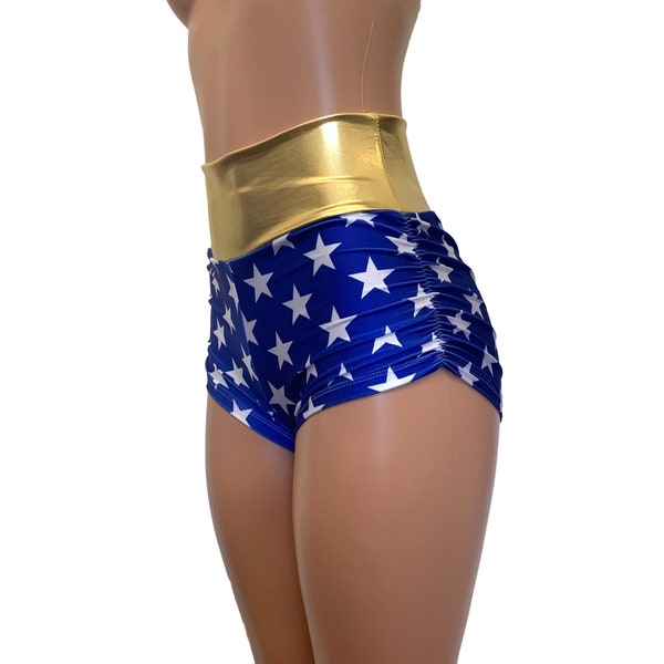 Ruched Booty Shorts - Superhero Blue Stars | CHOOSE your RISE - Roller Derby, Festival, Rave Clothing