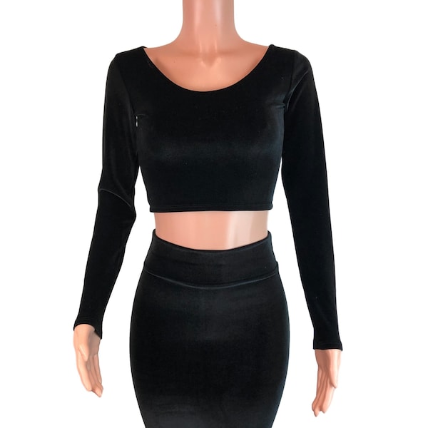 Black Velvet Long Sleeve Crop Top - Bodycon Clubwear, Rave Wear