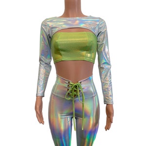 Long Sleeve Bolero Top - Opal Holographic Iridescent | Rave Clothing, Festival Outfit, Dance Sleeves