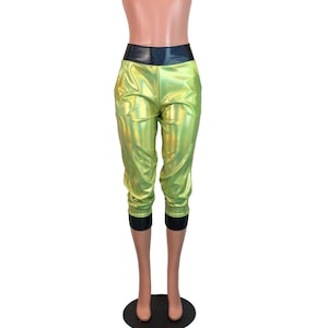 Lime W/ Black Holograph Joggers w/ Pockets - High Waisted Jogger Pants - Rave, Festival, EDM, Running, Yoga