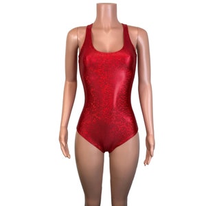Red Holographic Shattered Glass Bodysuit Leotard, Bathing Suit - Bodycon Clubwear, Rave Wear,