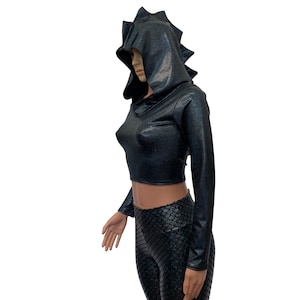 Black Dragon Spike Holographic Long Sleeve Hoodie Top | Dragon Costume, Rave Outfit, Festival Cosplay