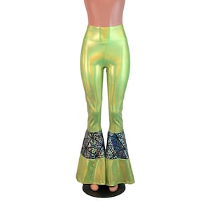 Lime Green/Silver Glass Pane Tiered Flares -  Bell Bottom Pants - Choose your Rise - Rave, Festival, EDM, 70s, 60s Clothing