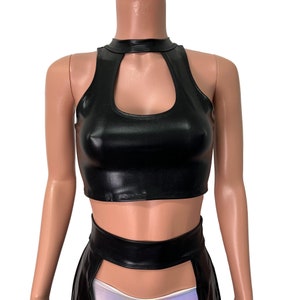 Black Metallic &quot;Wet Look&quot; Faux Leather High Neck Cutout Top - Bodycon Clubwear, Rave Wear, Crop Top