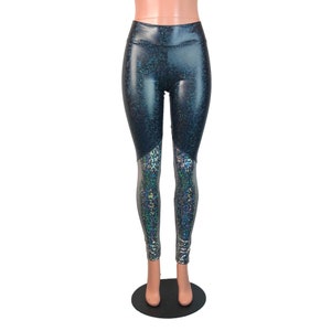 Black & Silver Shattered Glass Holographic *Mid-Rise* Leggings Pants - Rave, Festival, EDM, 80s Clothing