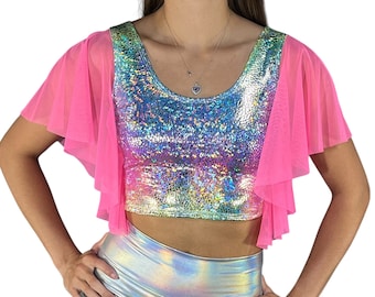 Flutter Sleeve Top Rainbow Avatar Holographic | Mesh Sleeve Ruffle Shirt | Holo Festival Crop Top