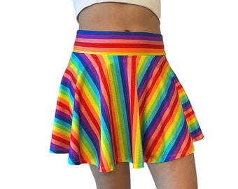 Rainbow Stripe High Waisted Skater Skirt- Clubwear, Rave Wear, Mini Circle Skirt, Pride Skirt