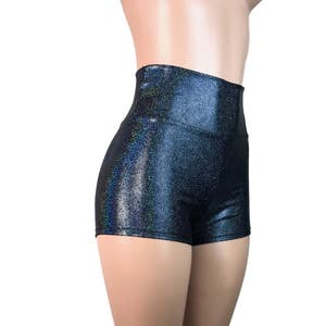 Schwarze Holographic High Waisted Booty Shorts - Club oder Rave Wear - Crossfit - Laufen - Roller Derby