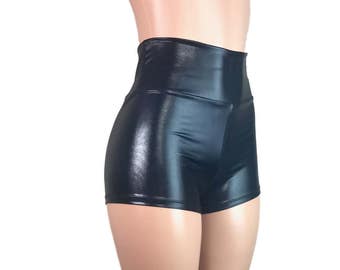 Black Metallic "Leather" High Waisted Booty Shorts - club or rave wear - Crossfit - Running