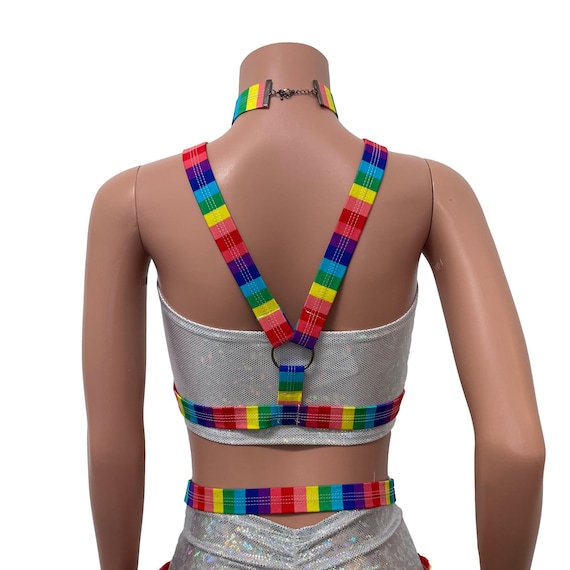 Cage BH Harness Top in Regenbogen Streifen Pride Rave Body Brust