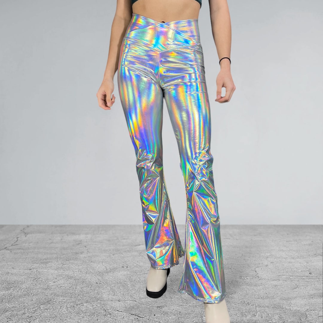 Flare Pants Pattern Rave Crossover Waist Bootcut Flare Pants *opal Holographic Spandex* - High V ...