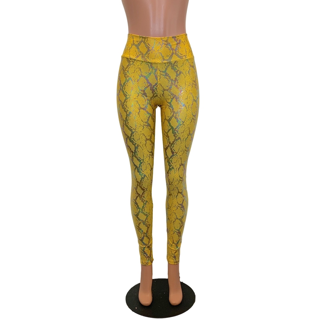 High Waist Leggings - *yellow Snakeskin Holographic* - 80s