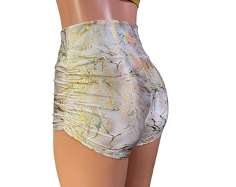 Scrunch Booty Shorts - Gold on White Cracked Ice - Ruched Pole Dance - Rave Clothing - Festival Outfit - Roller Derby Aerial Clothing
