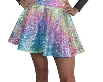 High Waist Skater Skirt - *Rainbow Avatar Holographic* | CHOOSE LENGTH | Rave Skirt, Festival Outfit, Lover Ombre Mini Skirt