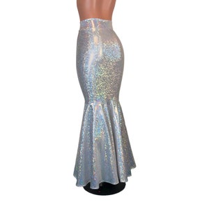 May include: A silver iridescent mermaid skirt with a high waist and a flared bottom.